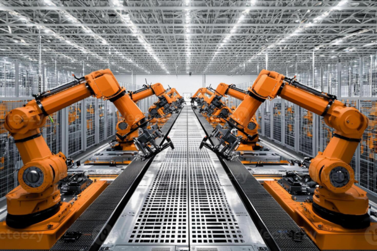 Roboter i fabrikk oransje