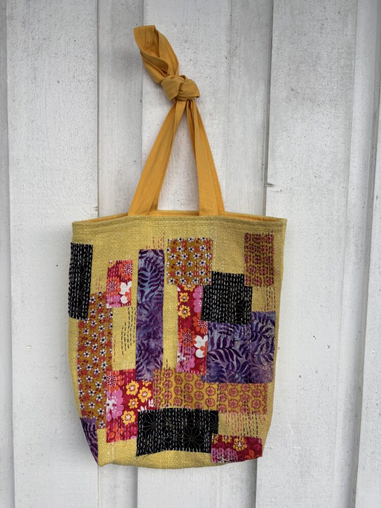 Handlenett i grov lin - brodert i boro/sashiko-teknikk - Bilde 2